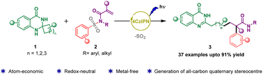 Graphical abstract: Organophotoredox-catalyzed deconstructive alkylation/Truce–Smiles rearrangement cascade involving spiro-dihydroquinazolinones and activated alkenes
