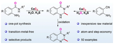 Graphical abstract: Synthesis of quinazolinone scaffolds from the cascade reaction of o-aminobenzamides/o-aminobenzonitriles and calcium carbide mediated by K2S