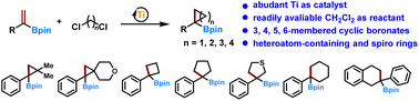 Graphical abstract: Synthesis of α-substituted cyclic boronates via titanium-catalyzed cyclization of vinyl boronates with dihaloalkanes