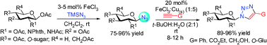 Graphical abstract: Iron(iii) chloride as an efficient catalyst for stereoselective synthesis of glycosyl azides and a cocatalyst with Cu(0) for the subsequent click chemistry