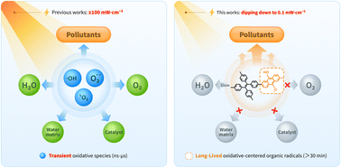 Graphical abstract: Initiating photocatalytic degradation of organic pollutants under ultra-low light intensity via oxygen-centered organic radicals