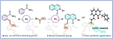 Graphical abstract: Ru(ii)-catalysed, inherent-directing-group-enabled site-selective C–H vinyl trifluoromethylation of isoquinolones and benzamides