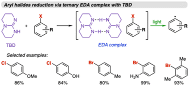 Graphical abstract: Photochemical reduction of aryl chlorides, bromides, and iodides via ternary EDA complexes with guanidine bases