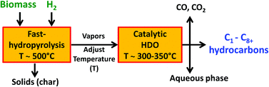 Graphical abstract: Oxygen removal from intact biomass to produce liquid fuel range hydrocarbons via fast-hydropyrolysis and vapor-phase catalytic hydrodeoxygenation