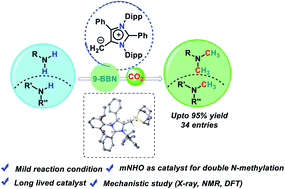 Graphical abstract: Mesoionic N-heterocyclic olefin catalysed reductive functionalization of CO2 for consecutive N-methylation of amines