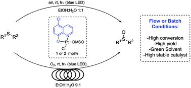 Graphical abstract: Pt(ii) coordination complexes as visible light photocatalysts for the oxidation of sulfides using batch and flow processes