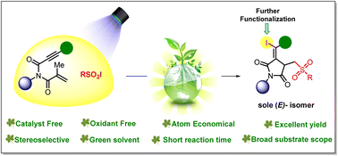 Graphical abstract: Visible light promoted metal and oxidant-free stereoselective synthesis of functionalized succinimides from aza-1,6-enynes