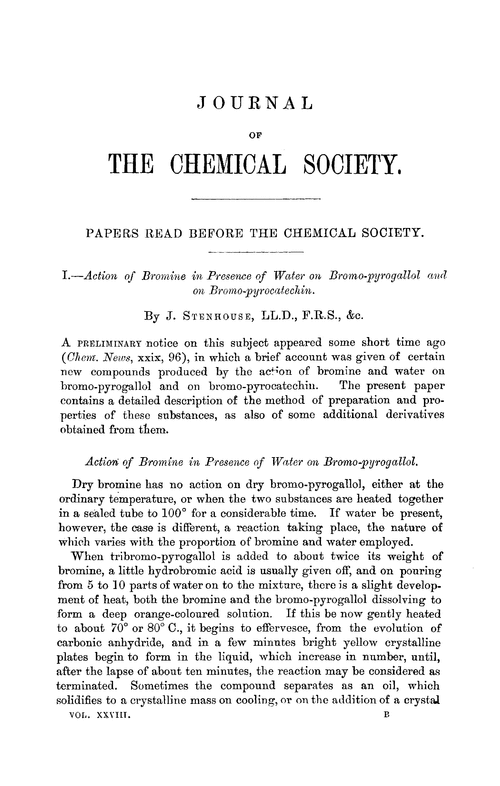 I.—Action of bromine in presence of water on bromo-pyrogallol and on bromo-pyrocatechin