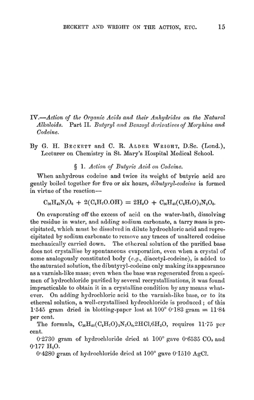 IV.—Action of the organic acids and their anhydrides on the natural alkaloids. Part II. Butyryl and benzoyl derivatives of morphine and codeine