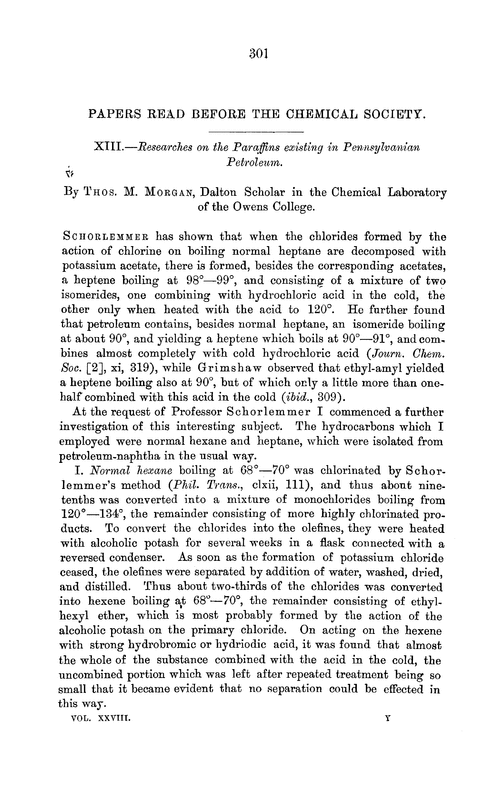 XIII.—Researches on the paraffins existing in Pennsylvanian petroleum