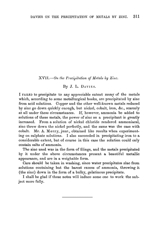 XVII.—On the precipitation of metals by zinc