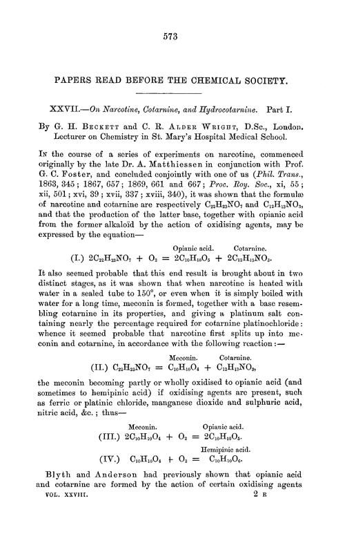 XXVII.—On narcotine, cotarnine, and hydrocotarnine. Part I