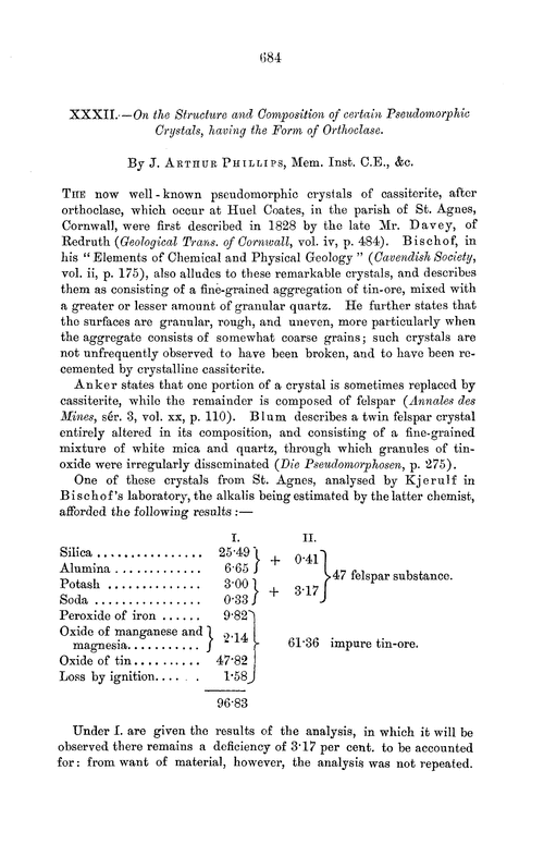 XXXII.—On the structure and composition of certain pseudomorphic crystals, having the form of orthoclase