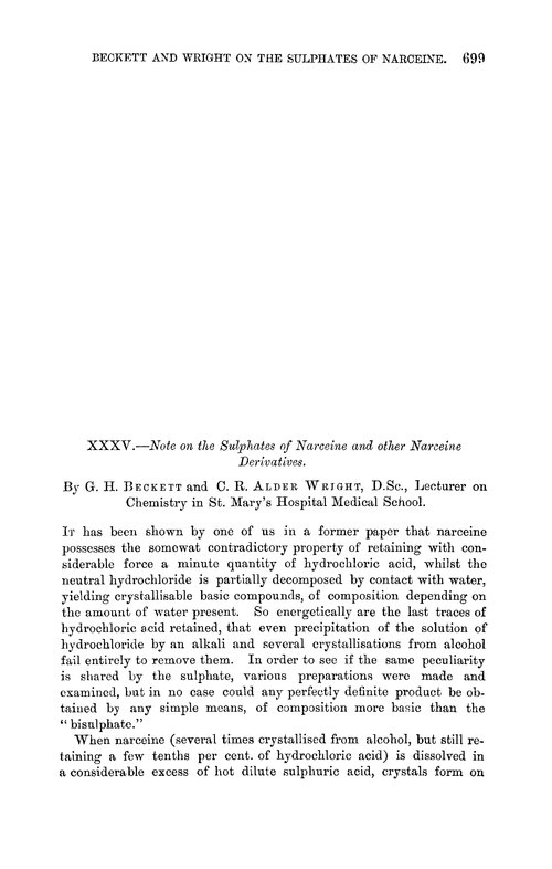 XXXV.—Note on the sulphates of narceine and other narceine derivatives