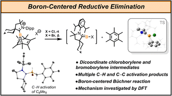 Graphical abstract: Arene extrusion as an approach to reductive elimination at boron: implication of carbene-ligated haloborylene as a transient reactive intermediate