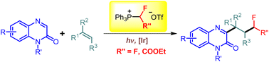 Graphical abstract: Direct C(sp2)–H fluoroalkylation of quinoxalin-2(1H)-ones with (fluoroalkyl)triphenylphosphonium salts and alkenes