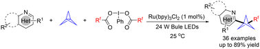 Graphical abstract: Photochemical tandem reaction of nitrogen containing heterocycles, bicyclo[1.1.1]pentane, and difluoroiodane(iii) reagents