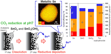 Graphical abstract: Reduction behaviors of tin oxides and oxyhydroxides during electrochemical reduction of carbon dioxide in an aqueous solution under neutral conditions