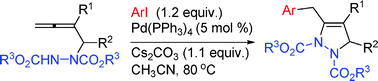 Graphical abstract: Efficient synthesis of 2,3-dihydro-1H-pyrazoles via a highly selective Pd(0)-catalyzed coupling-cyclization reaction of terminal 2-substituted 2,3-allenyl hydrazines with aryl iodides