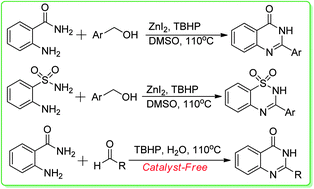 Graphical abstract: Oxidative synthesis of quinazolinones and benzothiadiazine 1,1-dioxides from 2-aminobenzamide and 2-aminobenzenesulfonamide with benzyl alcohols and aldehydes