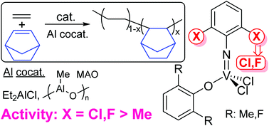 Graphical abstract: Ethylene polymerisation and ethylene/norbornene copolymerisation by using aryloxo-modified vanadium(v) complexes containing 2,6-difluoro-, dichloro-phenylimido complexes
