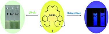 Graphical abstract: Multiple target chemosensor: a fluorescent sensor for Zn(ii) and Al(iii) and a chromogenic sensor for Fe(ii) and Fe(iii)