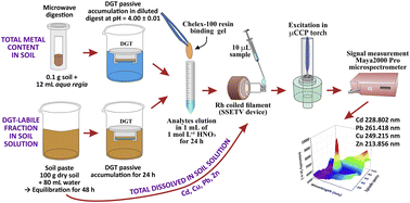 Graphical abstract: Simultaneous determination of Cd, Pb, Cu and Zn as total and labile fractions in soil using a small-sized electrothermal vaporization capacitively coupled plasma microtorch optical emission spectrometer after diffusive gradients in thin-film passive accumulation