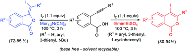 Graphical abstract: Divergent syntheses of iodinated isobenzofuranones and isochromenones by iodolactonization of 2-alkynylbenzoic acids in ionic liquids