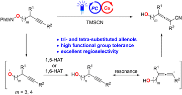 Graphical abstract: Photoredox copper-catalyzed regioselective syntheses of allenols via HAT-mediated propargyl radical generation